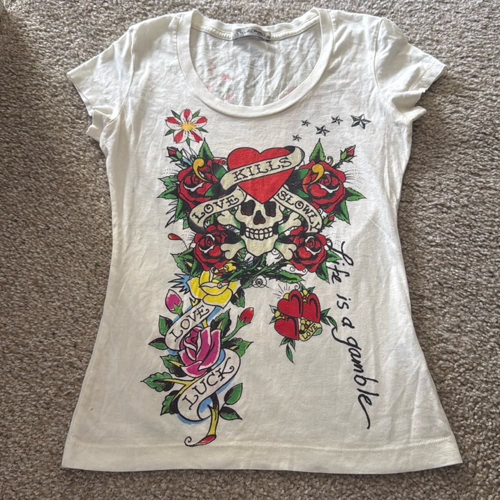 Ed hardy women’s white tattoo rose skull t shirt size xs love kills slowly